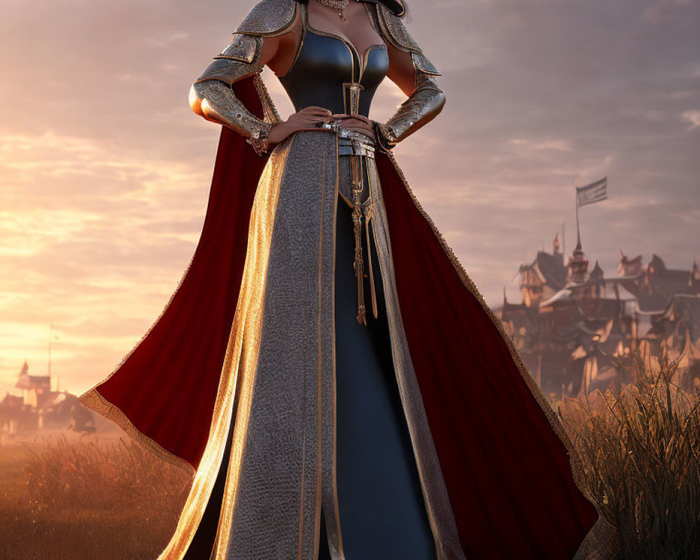 Imposing female figure in medieval dress with silver armor and red cape at sunset