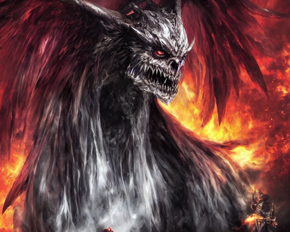 Winged creature with red eyes and flames in the background