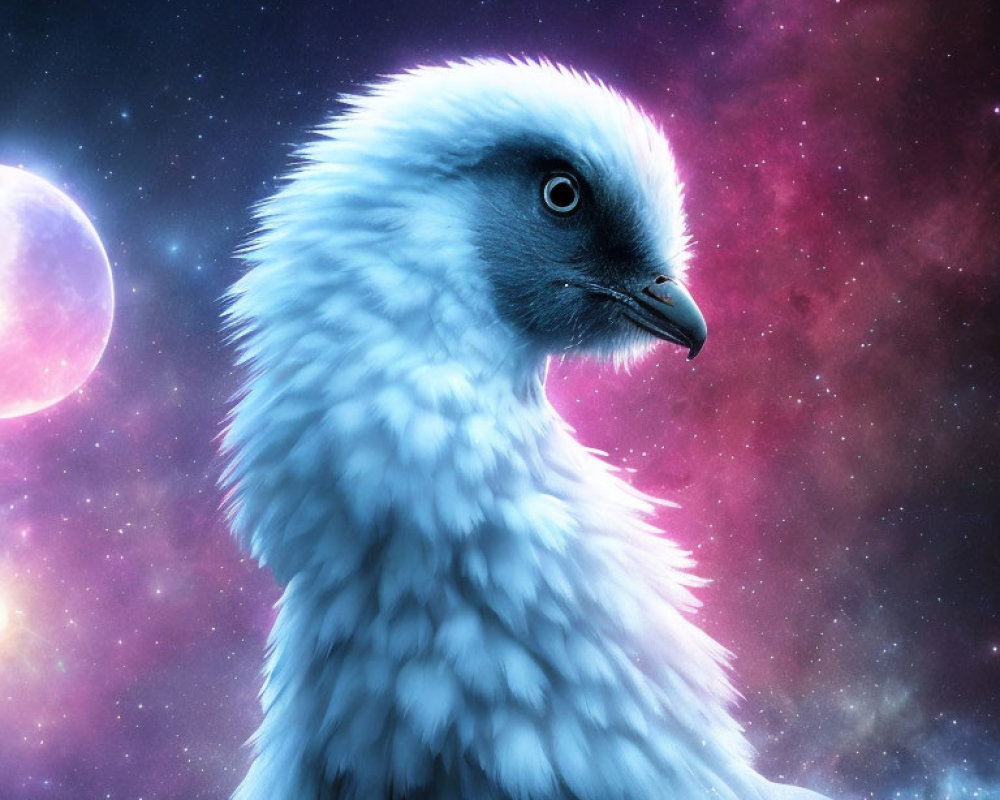 Surreal creature with bird head in cosmic scene