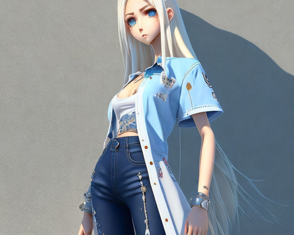 Blonde 3D animated female character in blue top and jeans