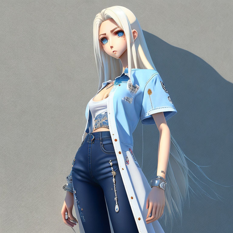 Blonde 3D animated female character in blue top and jeans