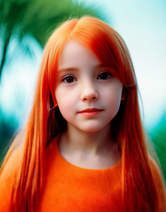 Young girl with bright orange hair and top against blurred green background