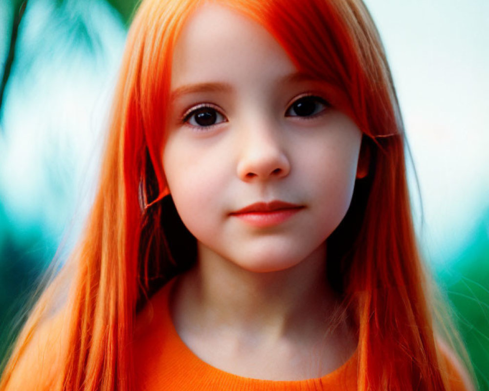 Young girl with bright orange hair and top against blurred green background
