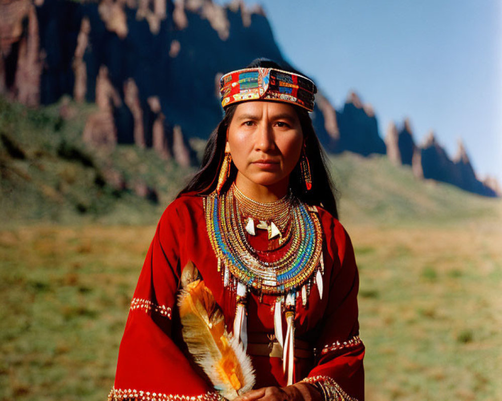 Native American in Traditional Dress Against Mountain Landscape