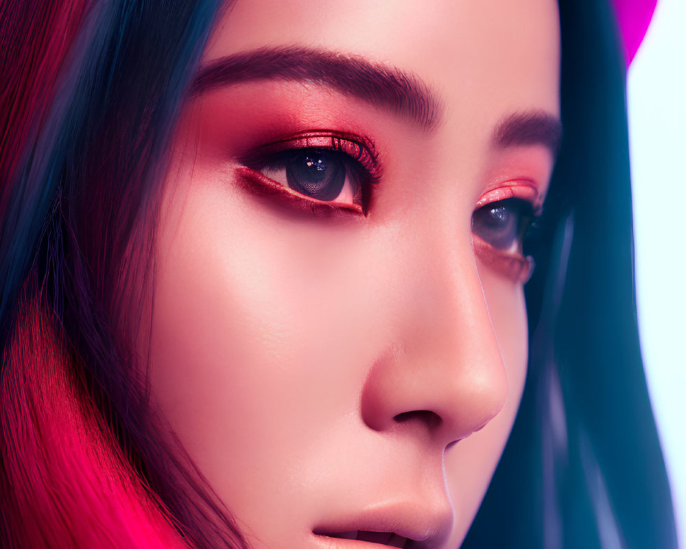 Close-up of woman with red eyeshadow, eyeliner, flawless skin under pink & blue light