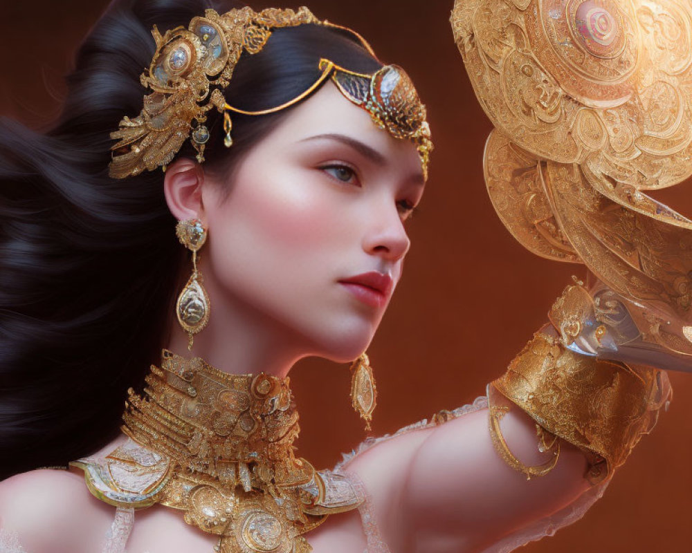 Digital Artwork: Woman adorned with ornate gold jewelry on warm background