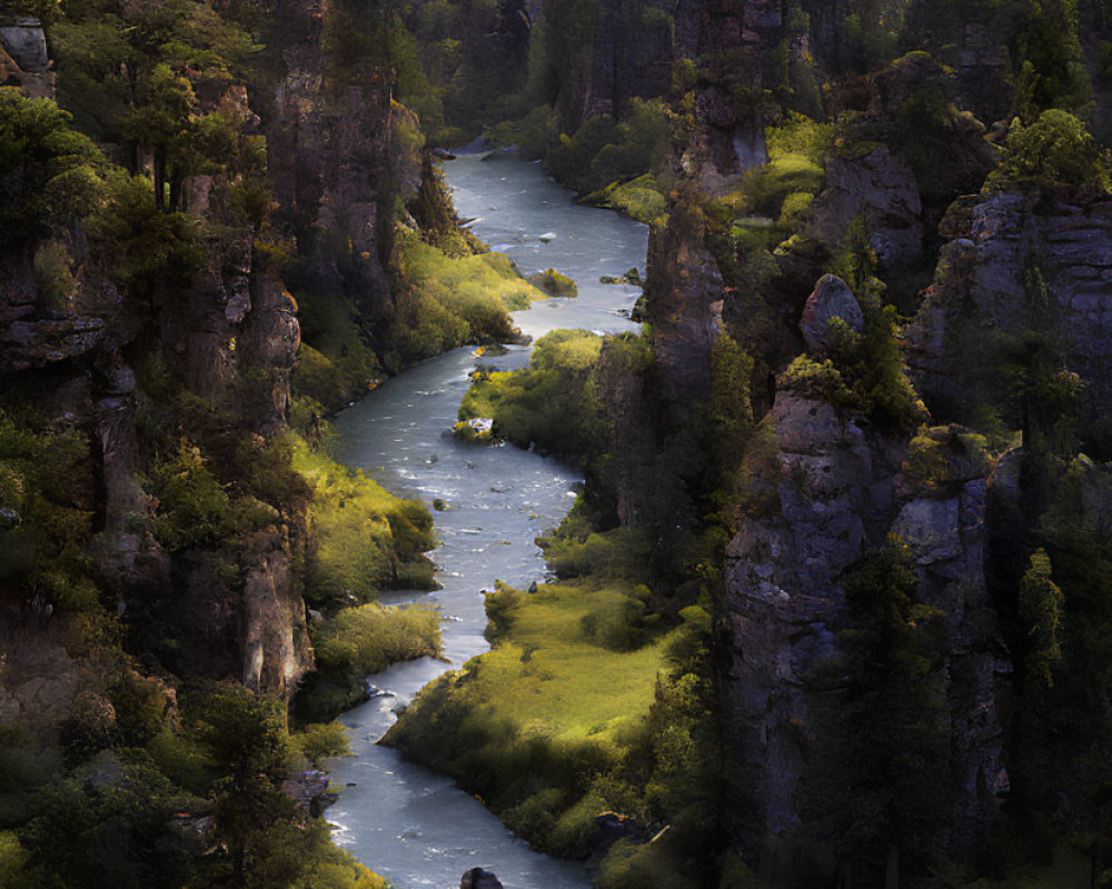 Serene river in lush canyon with steep cliffs and dense foliage