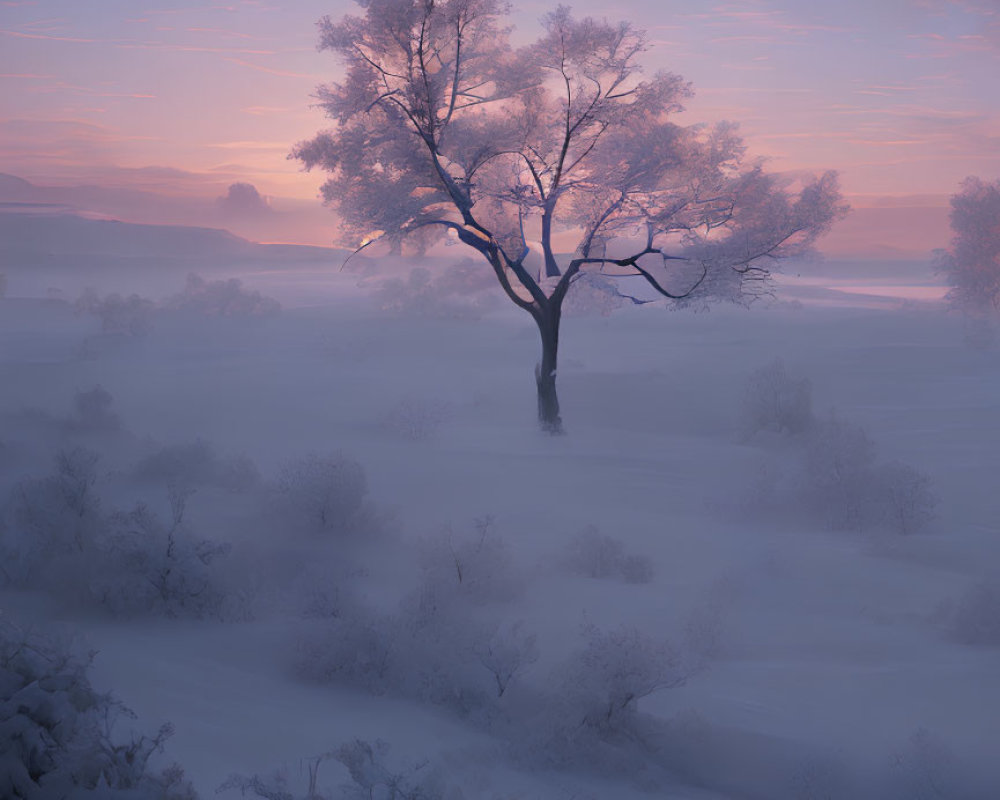 Snow-covered landscape with solitary tree in pastel twilight and mist.