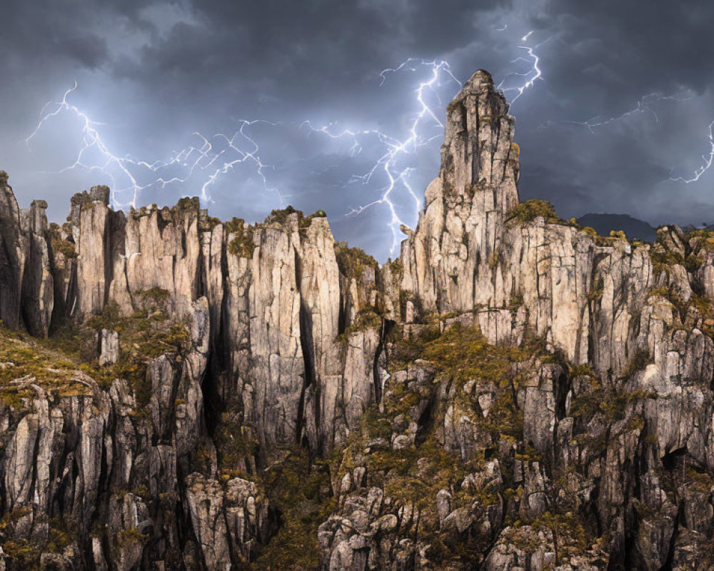 Dramatic lightning strikes over rugged mountain peaks