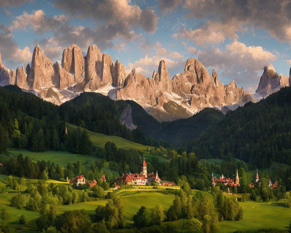 Scenic landscape with lush valley, village, and sunlit mountains