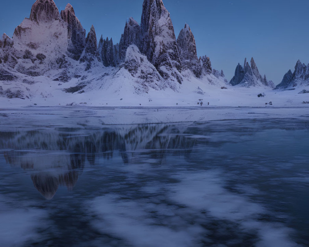 Twilight scene: Snowy peaks, shooting stars, frozen lake reflection