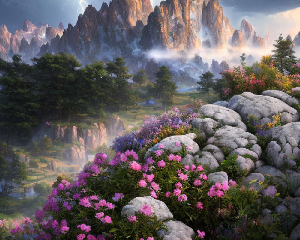 Rocky Terrain with Pink Flowers, Majestic Mountains, and Impending Storm with Lightning