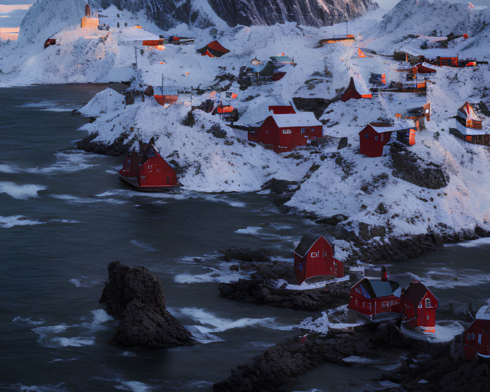 Picturesque Coastal Village with Red Houses and Snowy Mountains at Twilight