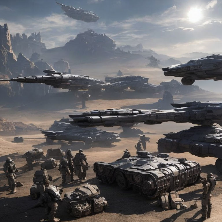 Futuristic military scene with troops, armored vehicles, and hovering ships on desert terrain