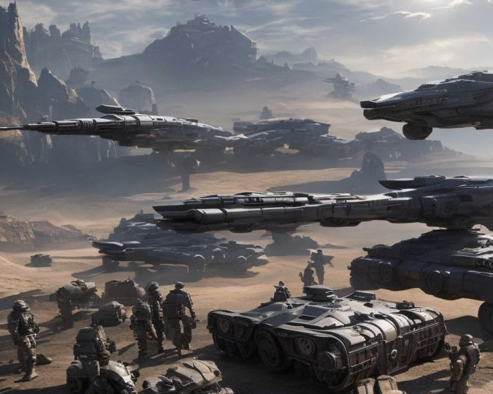 Futuristic military scene with troops, armored vehicles, and hovering ships on desert terrain