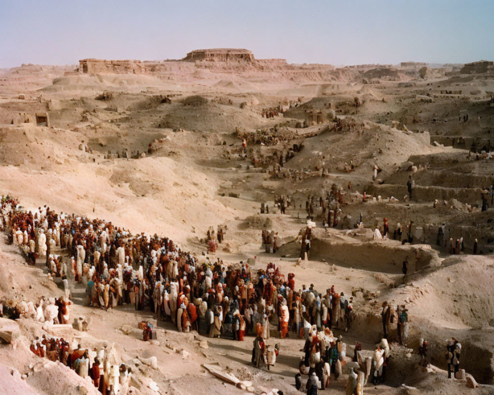 Crowd at Arid Excavation Site with Ancient Structures in Desert