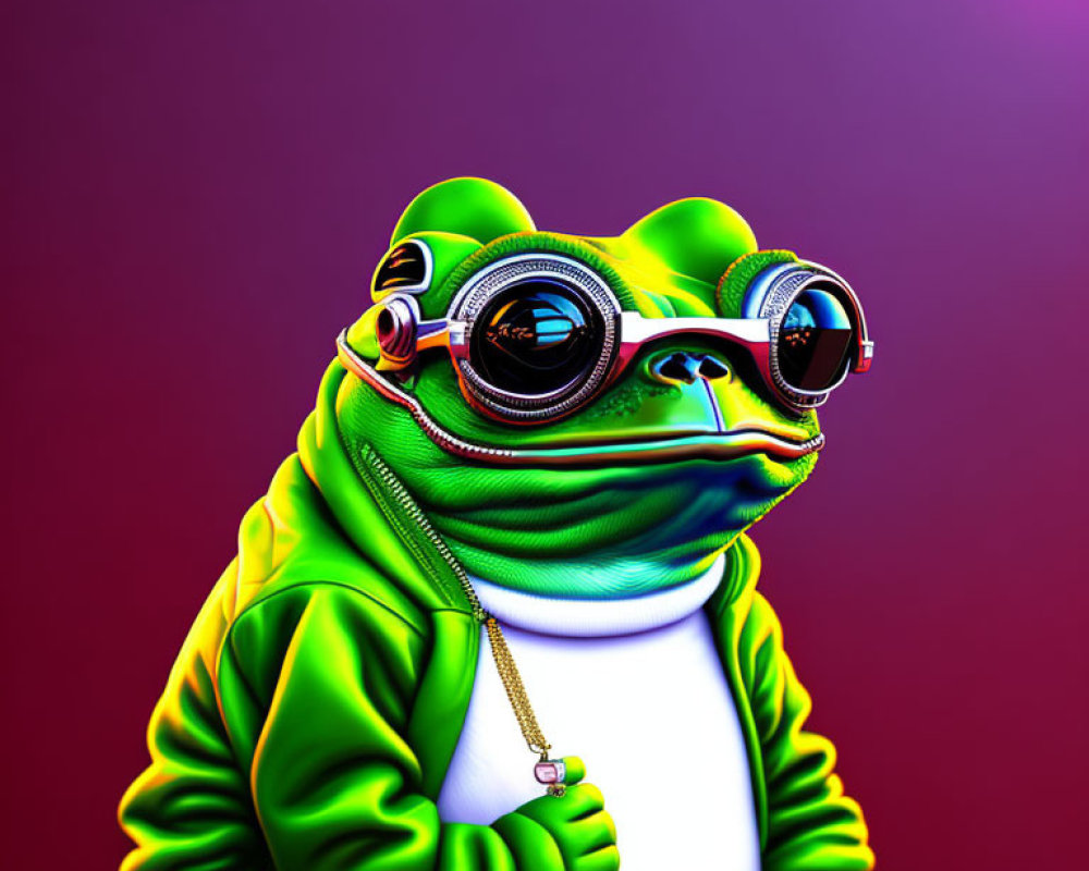 Stylized image of a fashionable frog in green attire on purple background