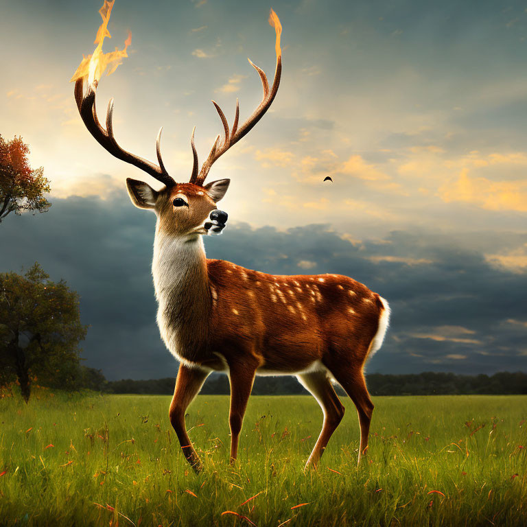 Majestic deer with blazing antlers in field at sunset