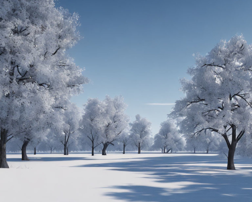 Snow-covered trees in serene winter landscape under clear blue sky