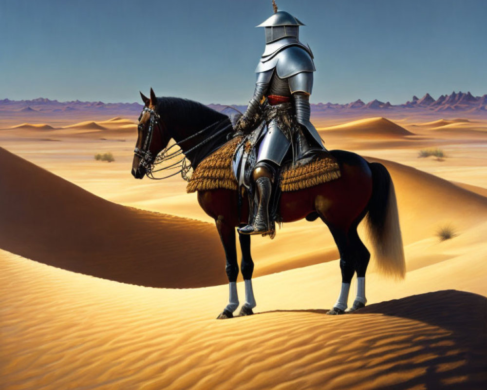 Knight in Full Armor on Horseback in Desert Landscape