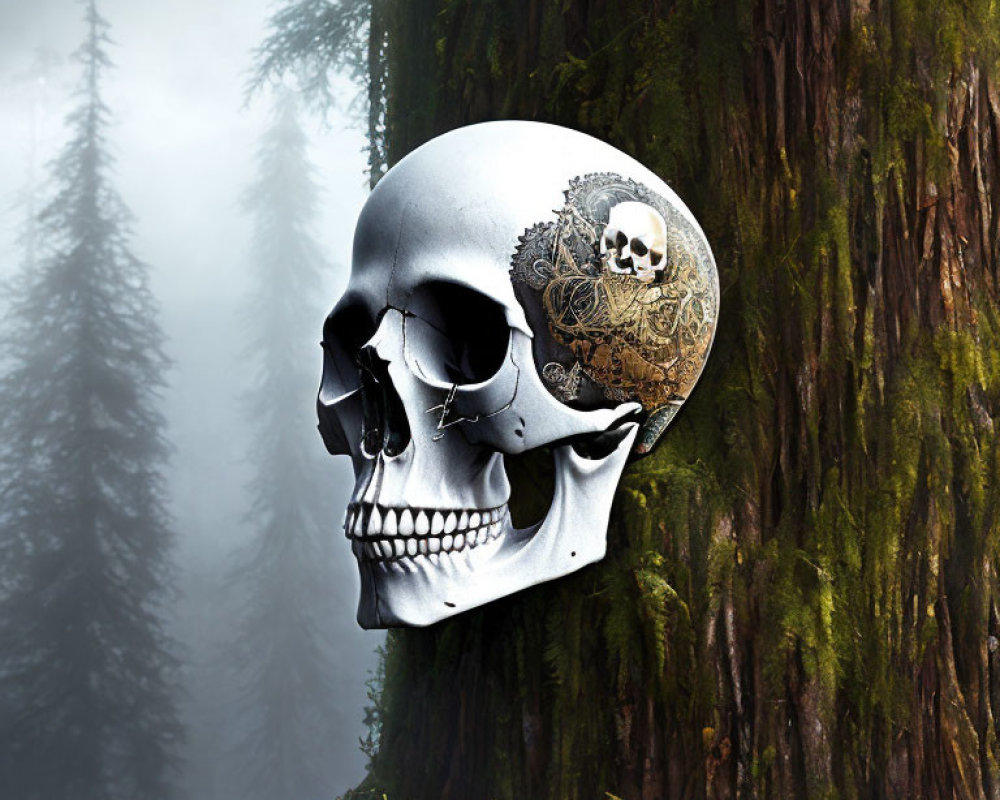 Composite Image: Metallic Skull with Human Skull and Mechanical Elements in Misty Forest