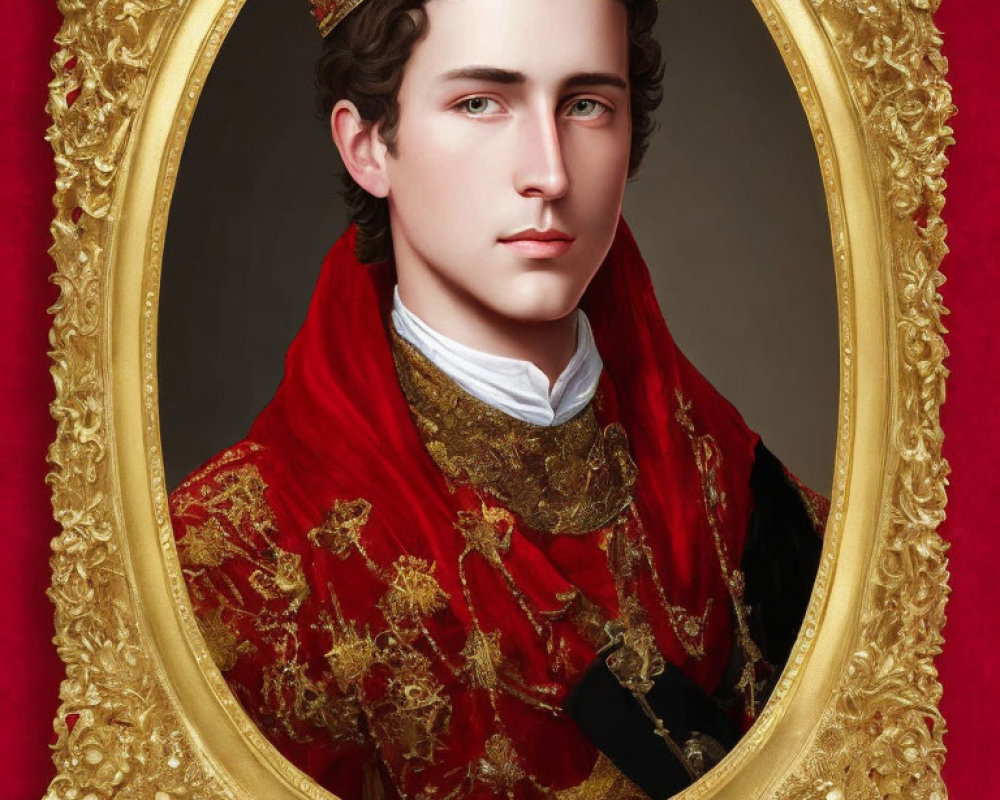 Portrait of a Young Man in Red and Gold Regalia on Red Background
