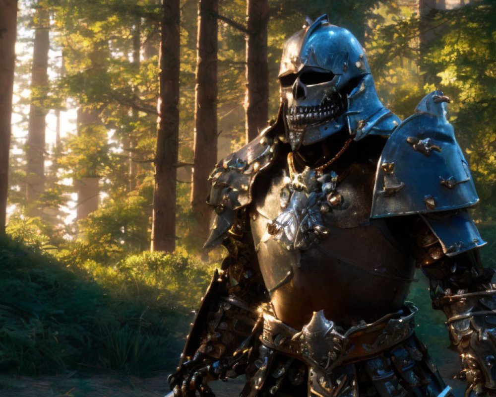 Ornate armored knight in mystical forest with sunlight