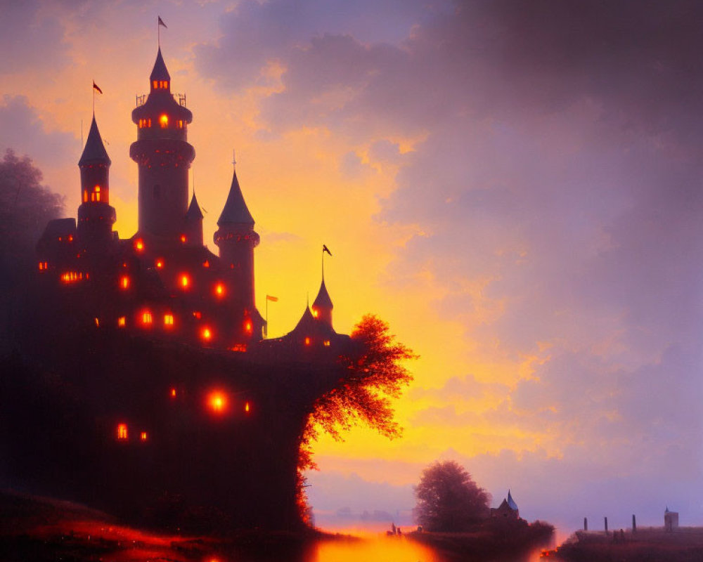 Silhouette spires of enchanting castle at dusk against fiery sky