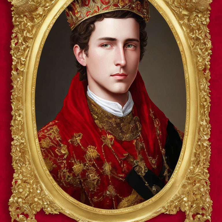 Portrait of a Young Man in Red and Gold Regalia on Red Background