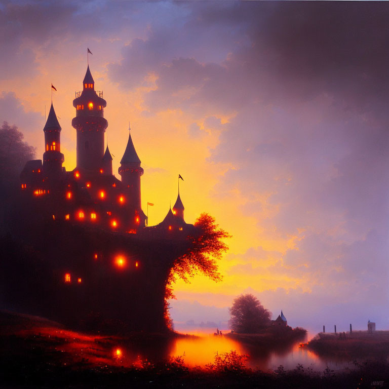 Silhouette spires of enchanting castle at dusk against fiery sky
