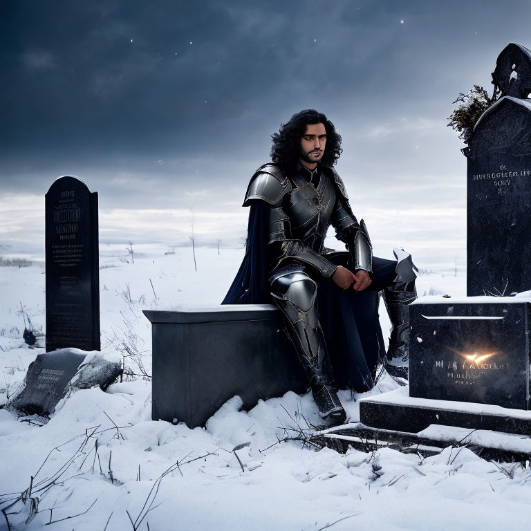Medieval armored man sitting on snowy cemetery gravestone.
