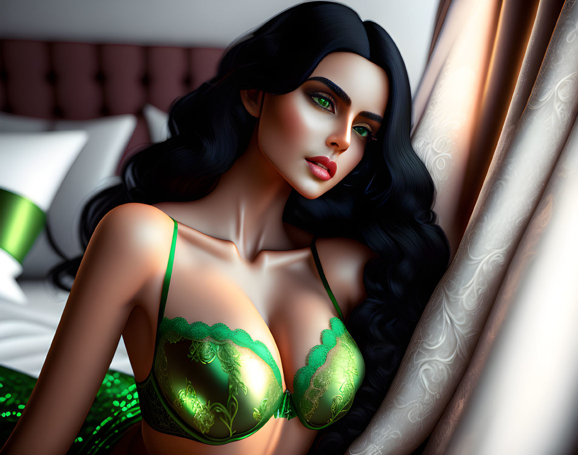 Digital artwork of woman in green lingerie on bed with dark hair and striking makeup.