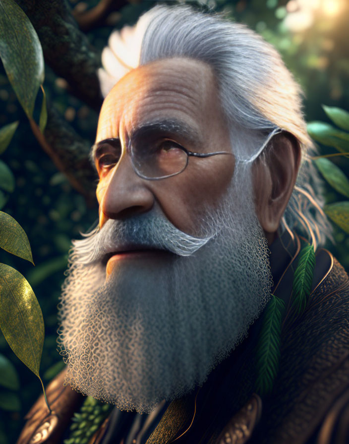 Elderly man with white beard and glasses in serene nature scene