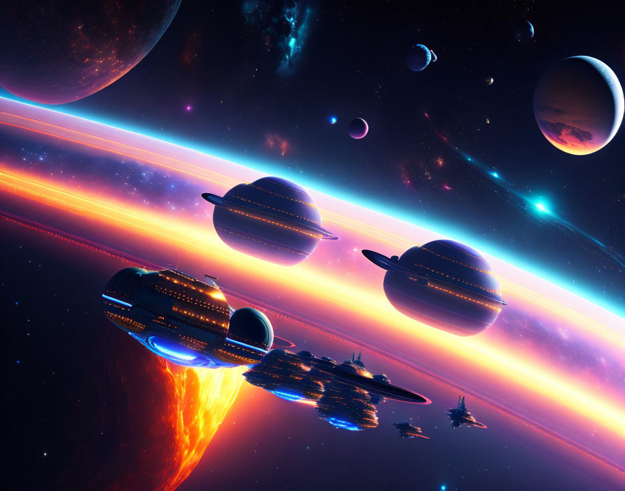 Fleet of spaceships in colorful space nebula with planets and moons