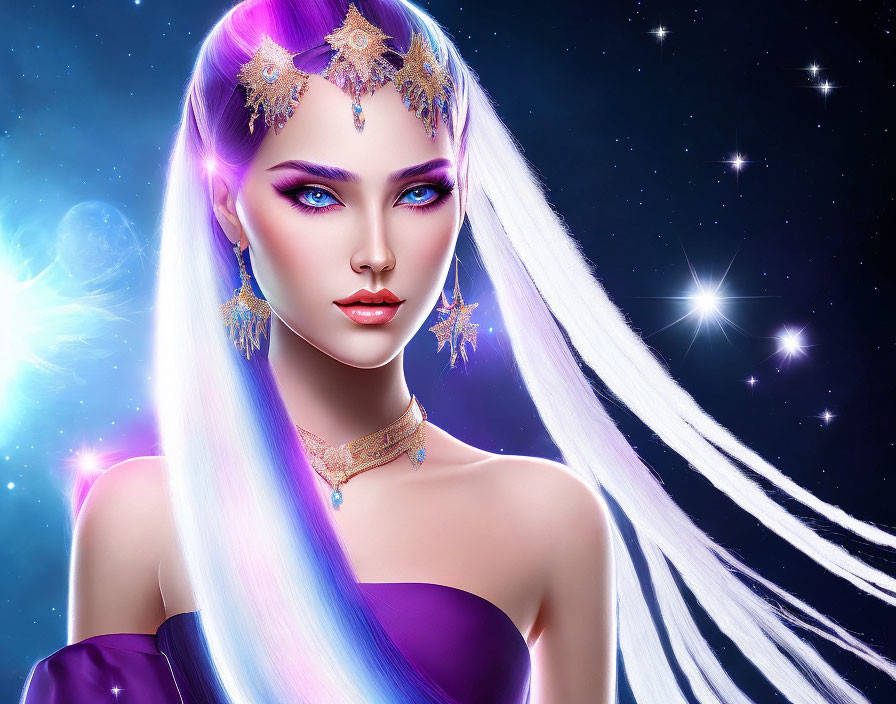 Digital artwork featuring woman with blue eyes, ombre hair, golden jewelry, cosmic backdrop