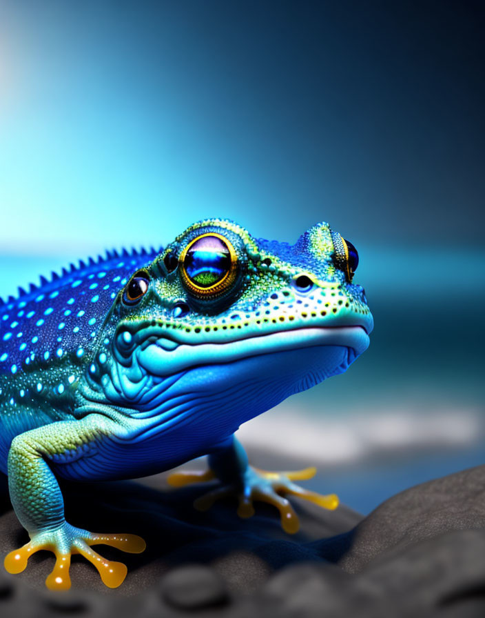 Colorful Blue Frog with Yellow Feet on Stone Against Blurred Background