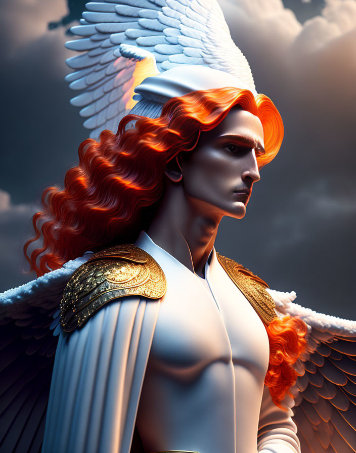 Digital Artwork: Angelic Figure with Orange Hair and White Wings