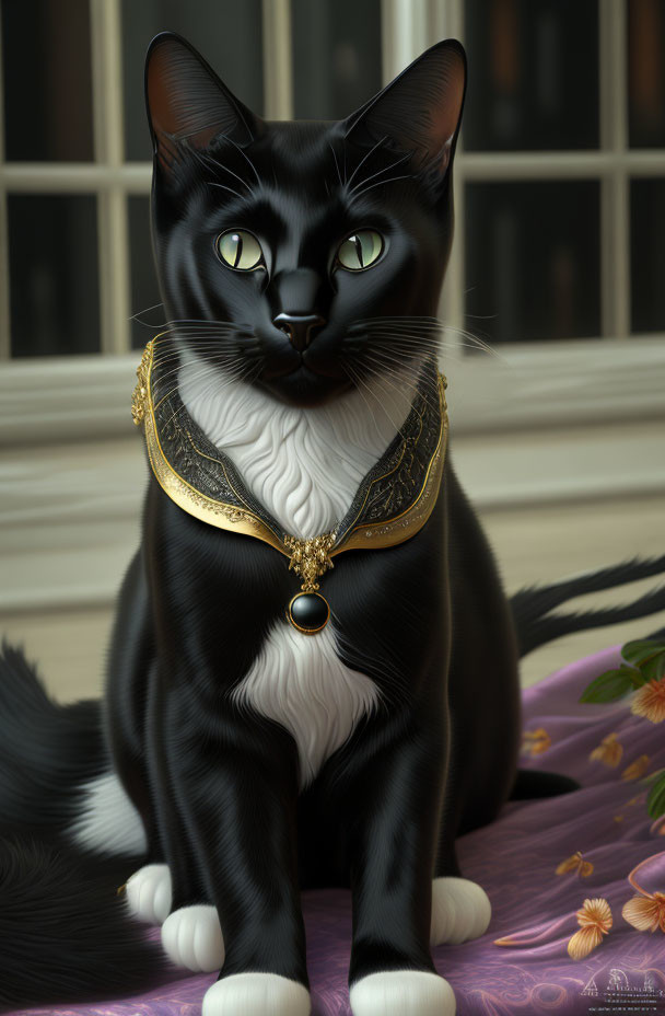 Black cat with green eyes wearing gold collar beside pink flowers indoors