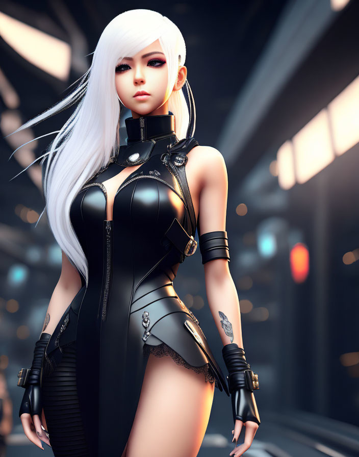 White-haired CG character in black outfit against futuristic city backdrop