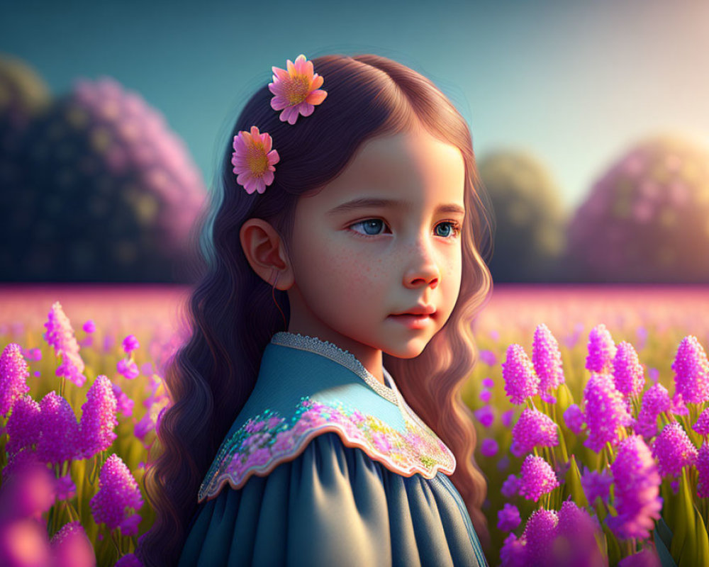 Young girl with flowers in hair in a purple flower field under sun glow