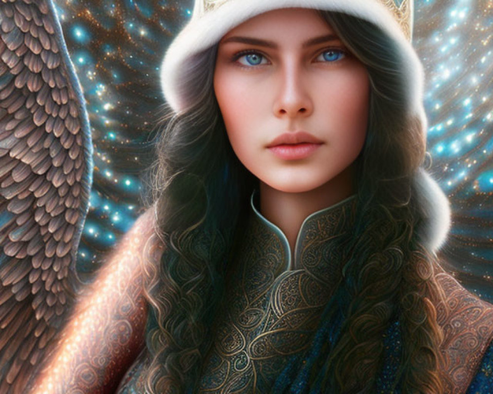 Digital portrait of woman with blue eyes and dark hair in ornate helmet and fur-lined cloak against glowing