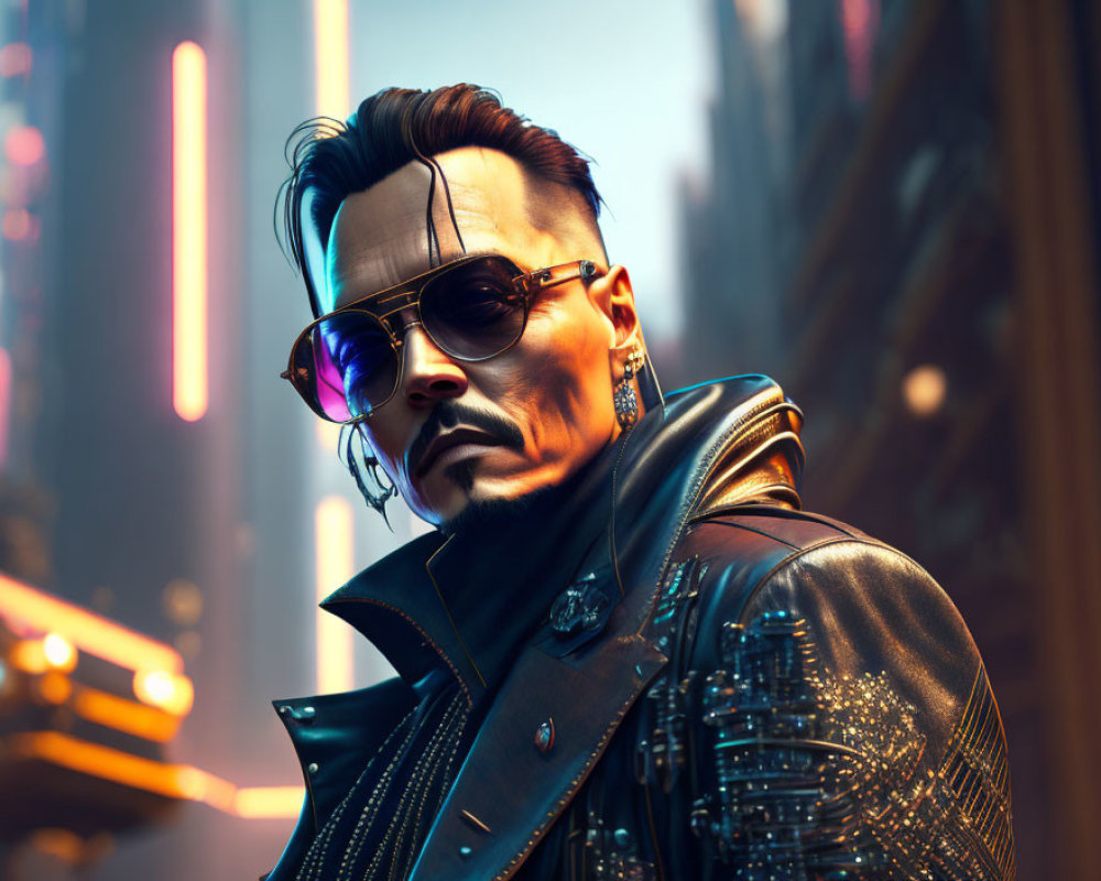 Stylized person with edgy sunglasses and leather jacket in neon-lit urban scene