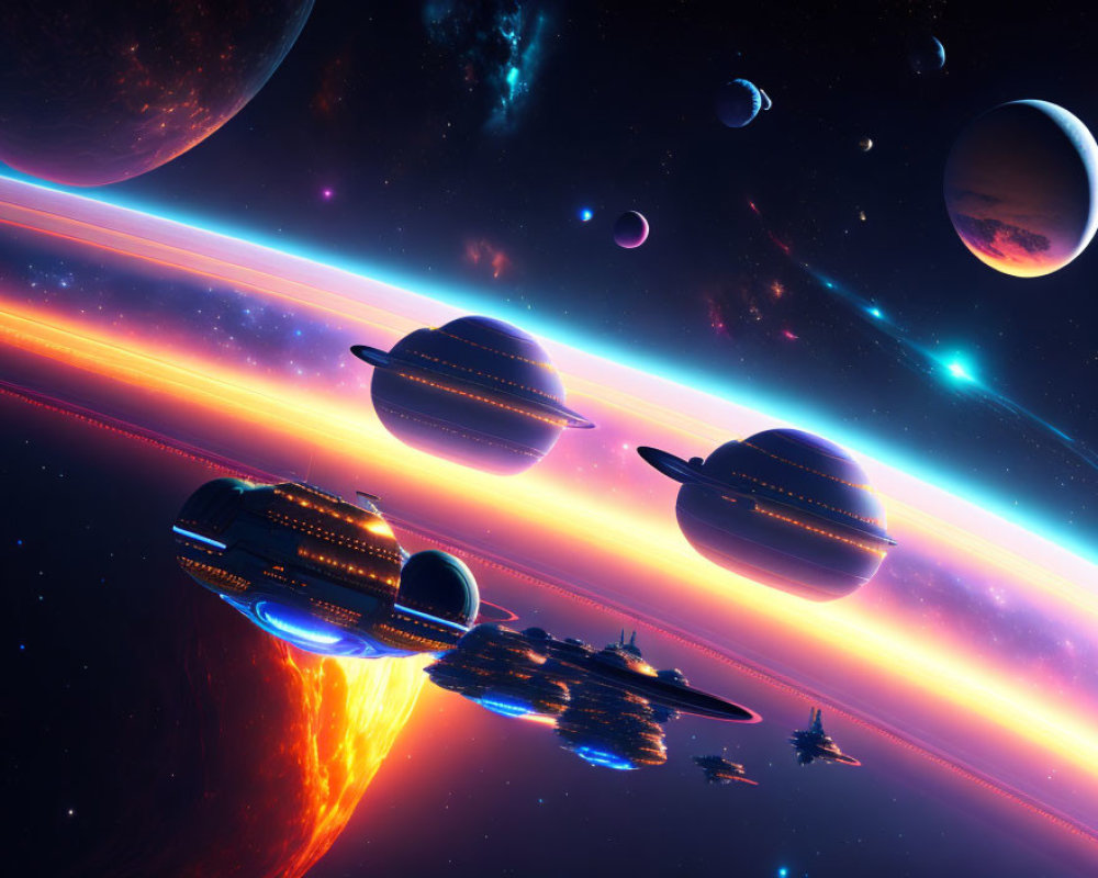 Fleet of spaceships in colorful space nebula with planets and moons
