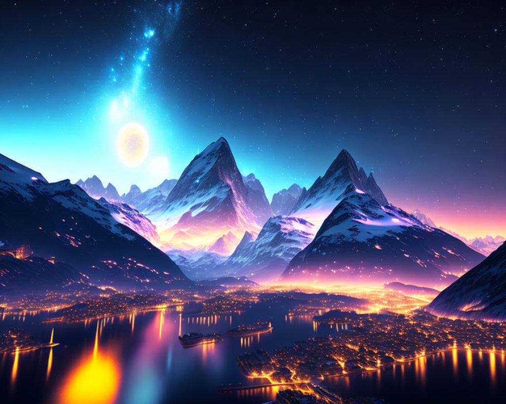 Night cityscape with snow-capped mountains and starry sky.