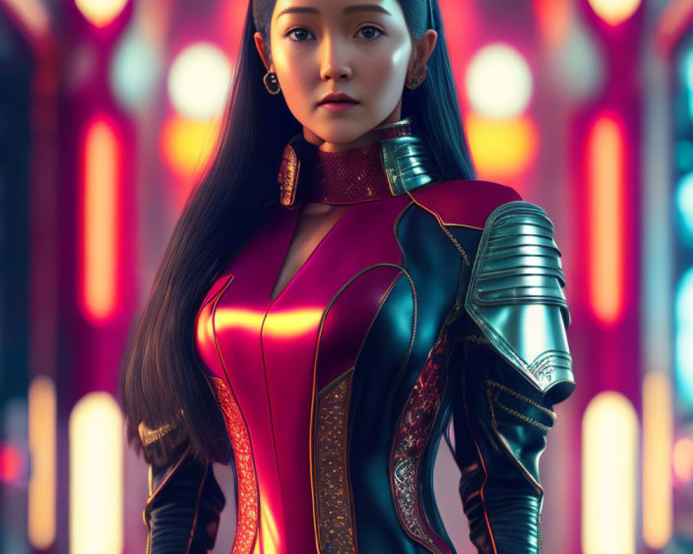 Futuristic armored woman in neon-lit corridor with confident stance