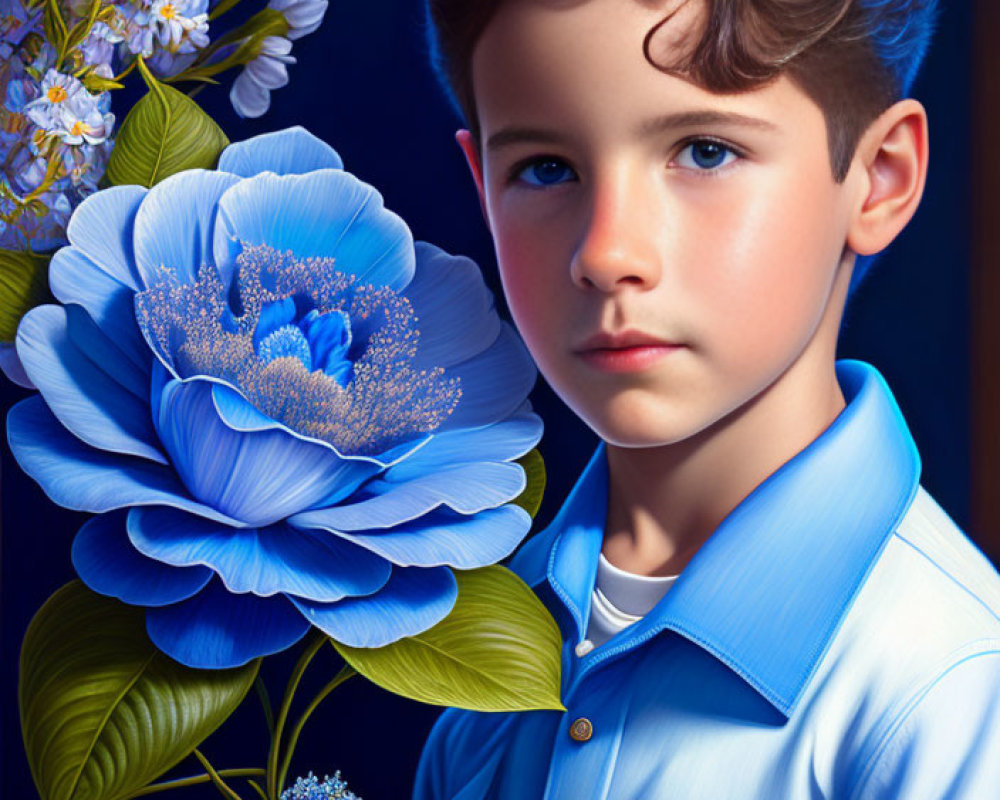 Boy with Brown Hair Holding Large Blue Flower Against Blooming Branches