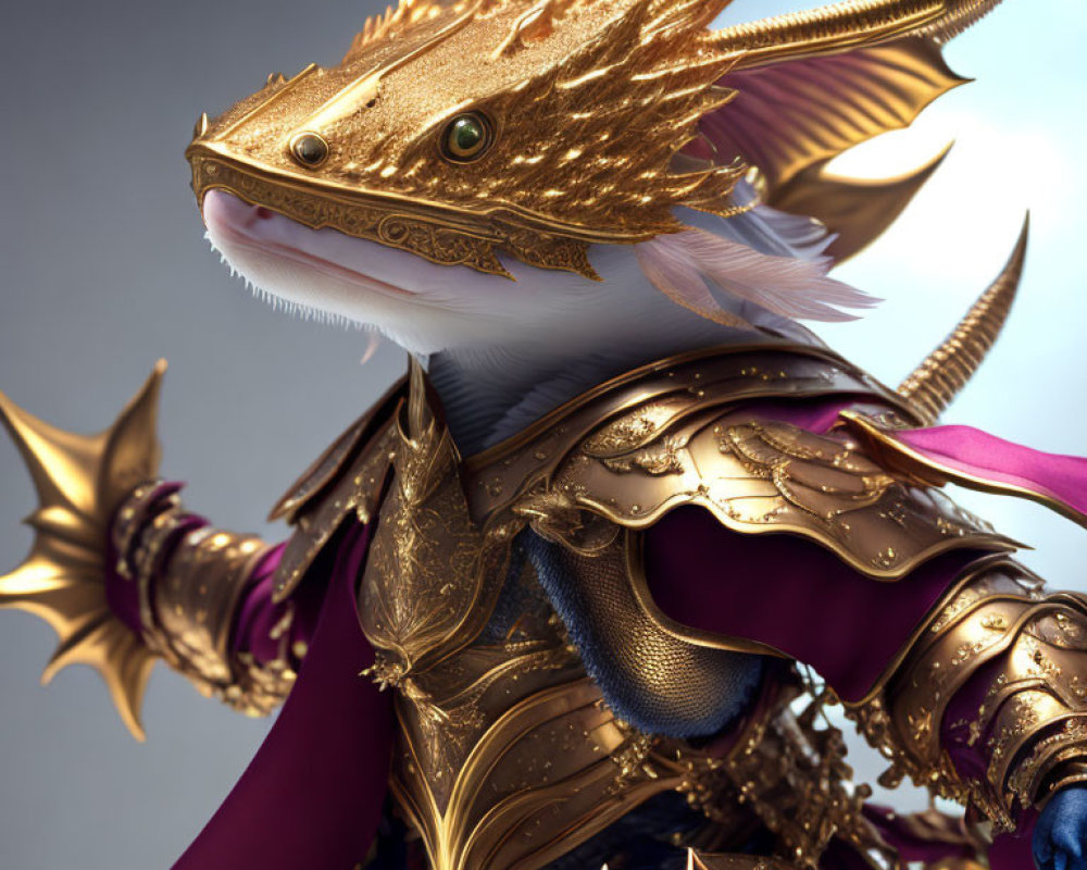 Regal bearded dragon in golden armor with purple cloak