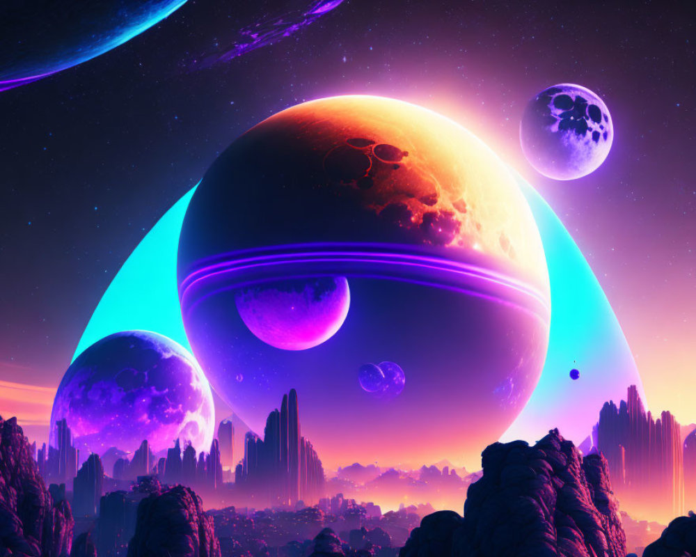 Colorful Sci-Fi Landscape with Planets and Moons in Starry Sky