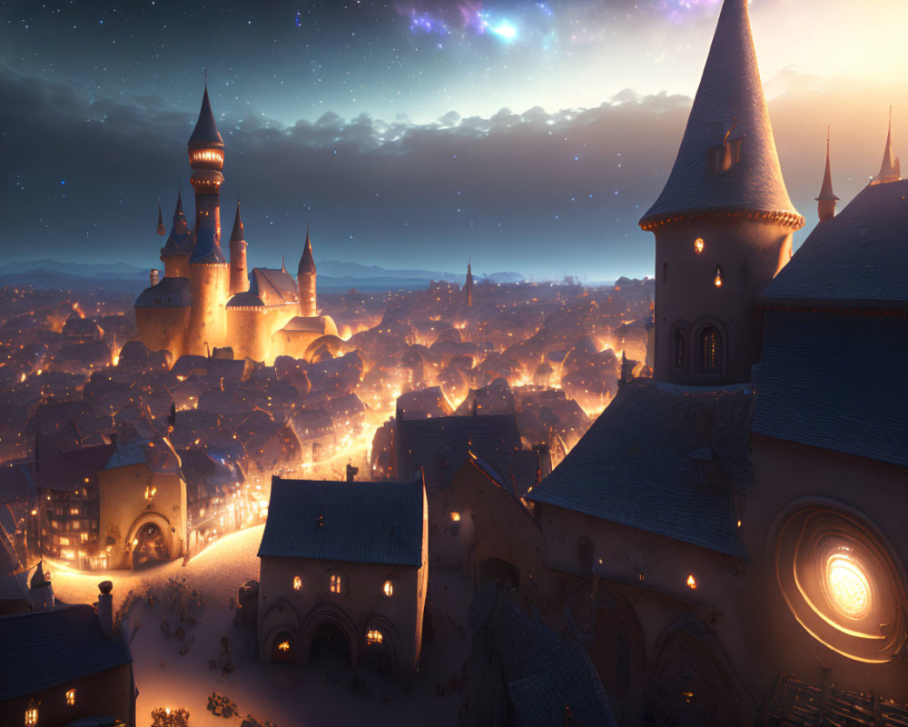 Enchanting fantasy castle town at dusk