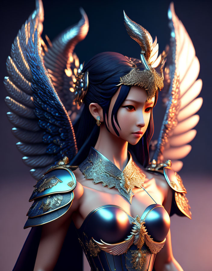 Detailed Blue and Gold Armor Woman Illustration with Wings and Antler-like Crown
